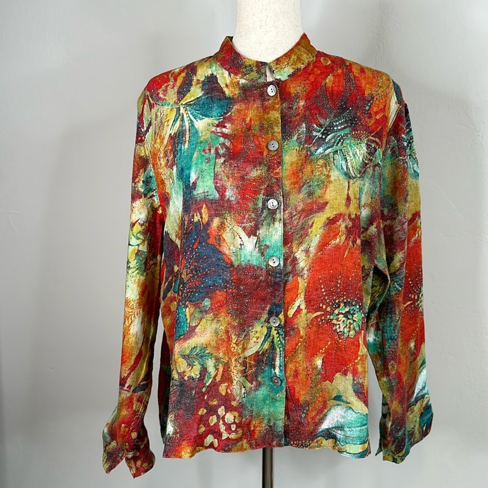 Chico's Abstract Floral Print Linen Button Front Shirt